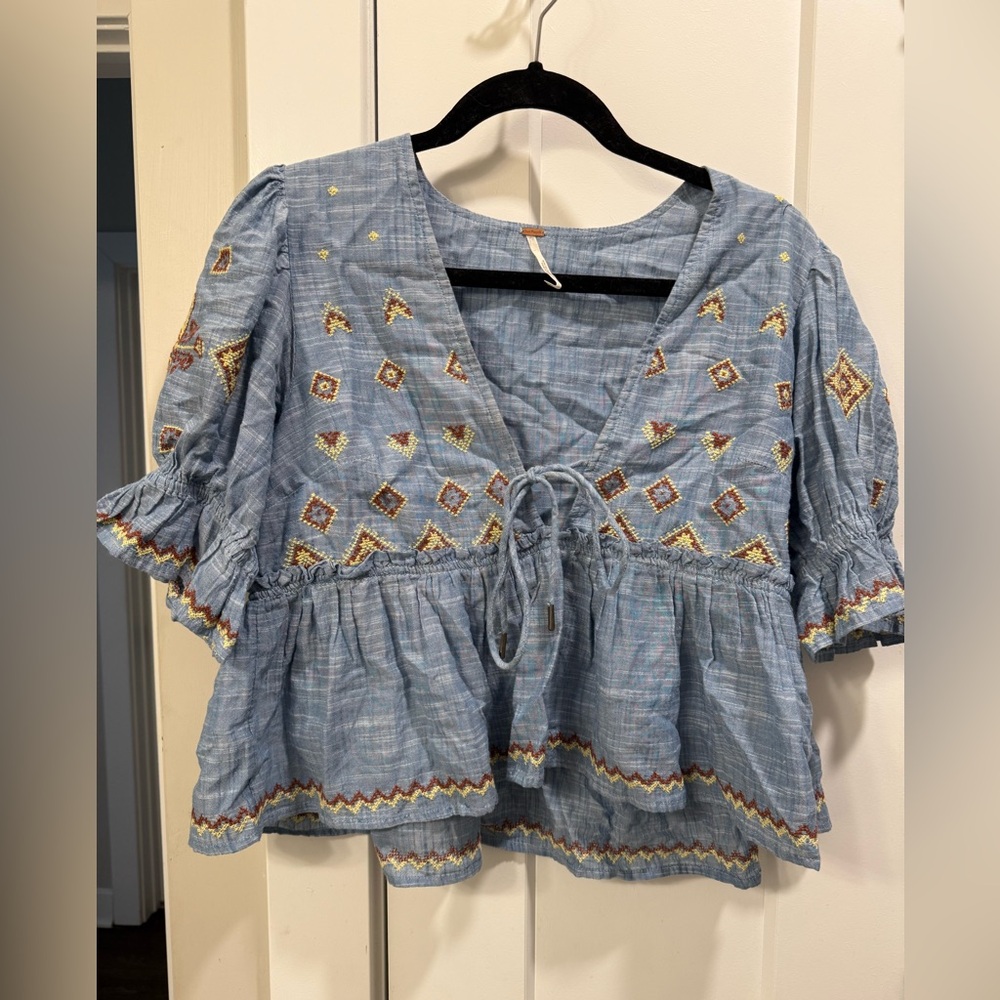 Light Blue Embroidered Peasant Top with Tie Front